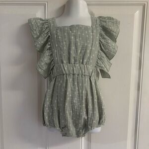 NWT 3T Emma Jean sage green/white Crosses/plus sign ruffled, square-neck romper.